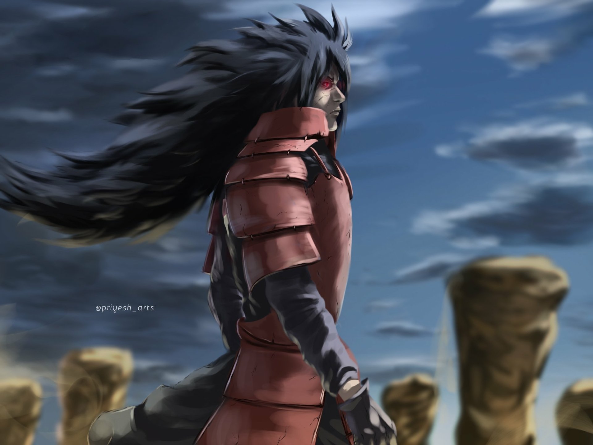 Madara Uchiha from Naruto in red armor, wind-blown hair and a stormy sky — HD anime PC desktop wallpaper/background.