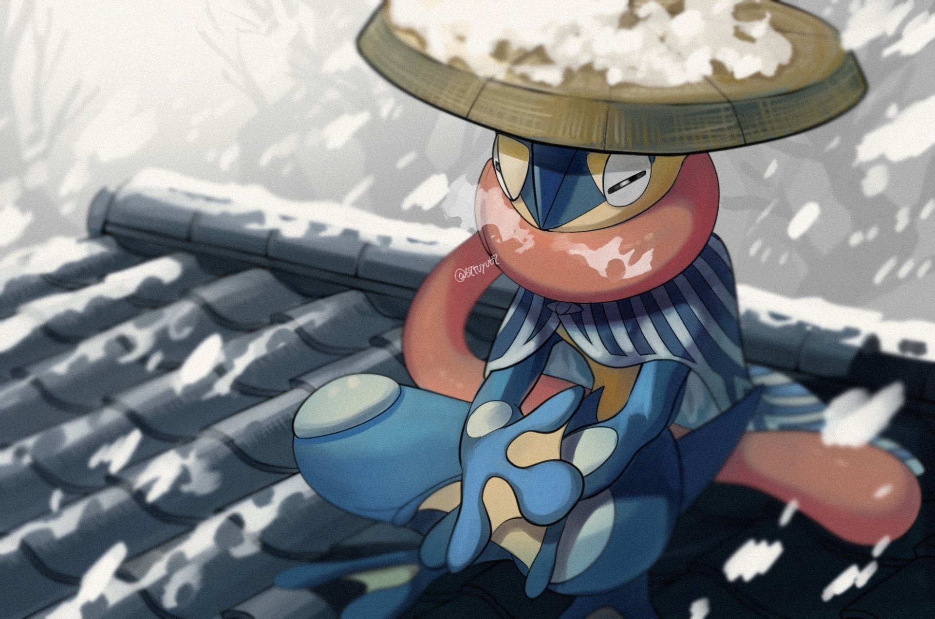 HD PC desktop wallpaper featuring Greninja from the Pokémon video game series, showcasing the water ninja Pokémon with its signature tongue scarf and a traditional straw hat.