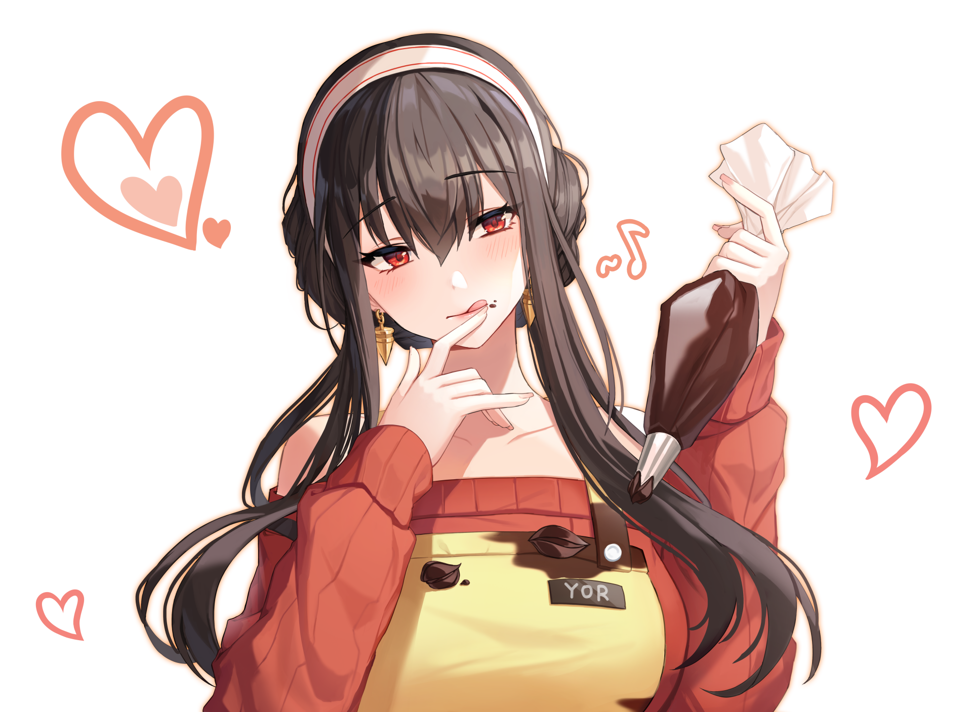 Yor Forger (Spy x Family) 5K Ultra HD PC desktop wallpaper and background — blushing, long dark hair with headphones, red off-shoulder sweater, yellow apron labeled YOR, finger to lips, heart doodles.