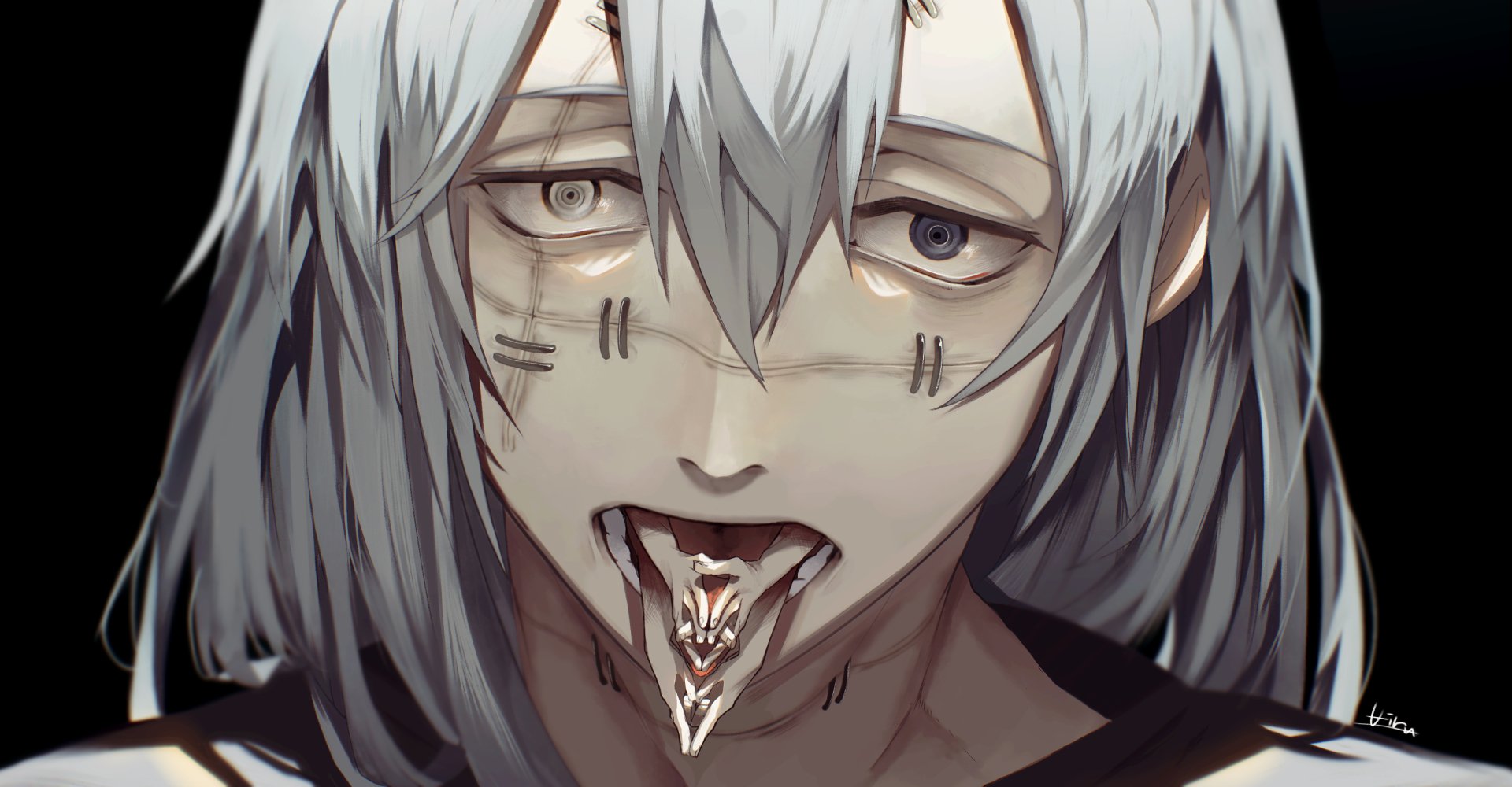 Mahito (Jujutsu Kaisen) anime 2K Quad HD PC desktop wallpaper — close-up of pale-haired, marked-faced Mahito with weary eyes and a grotesquely distorted tongue in his open mouth.