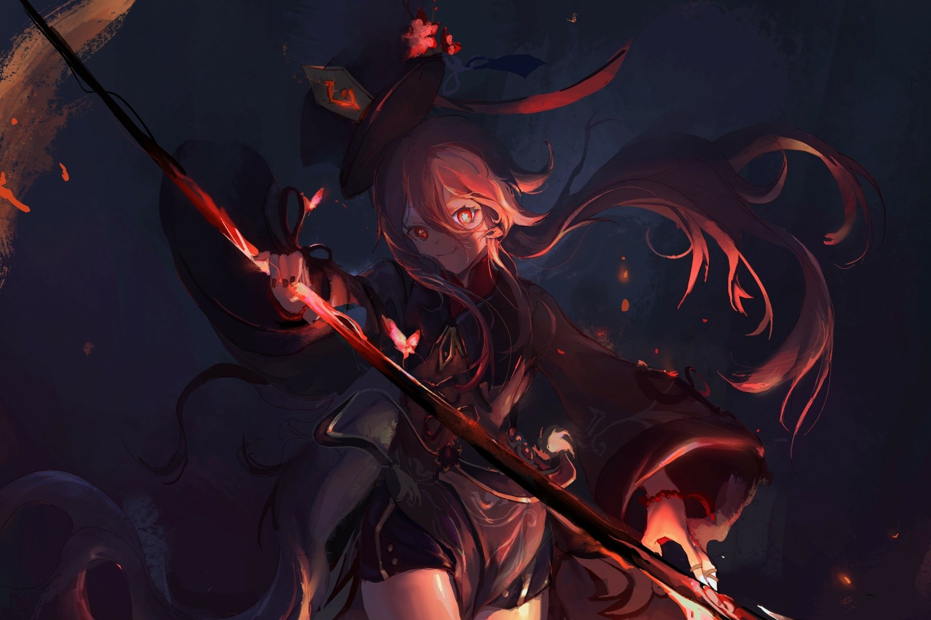 HD PC desktop wallpaper of Hu Tao from the video game Genshin Impact, featuring her in dynamic dark tones with fiery orange accents.