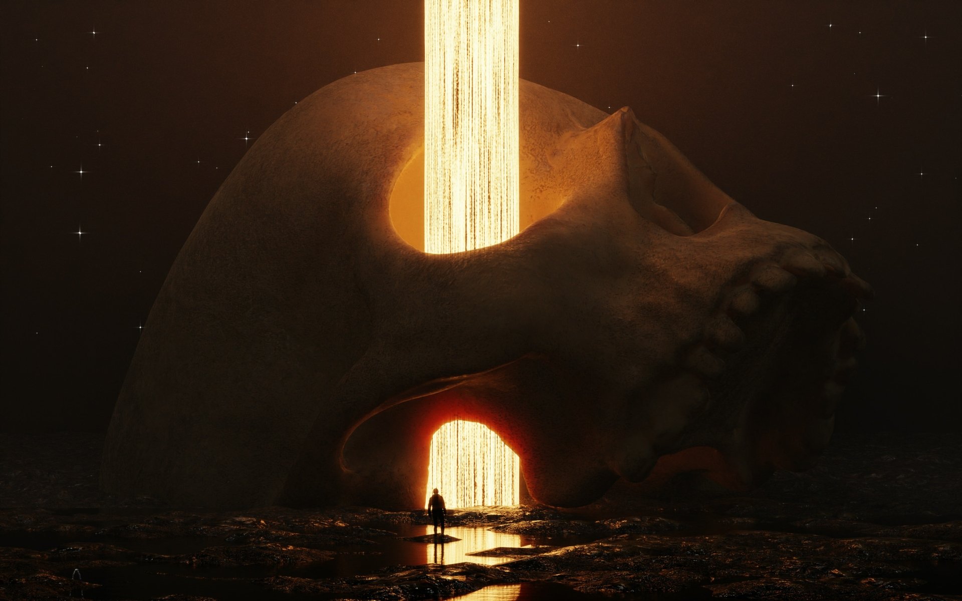 HD PC desktop wallpaper featuring a dark, giant skull with a glowing vertical beam of light passing through it in a mysterious, shadowy environment.