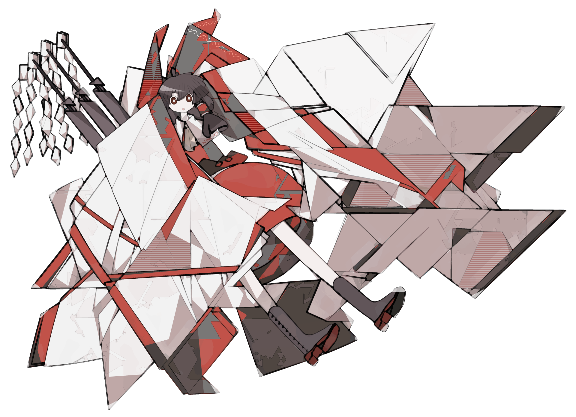 Reimu Hakurei (Touhou) anime shrine maiden in red-and-white outfit, wielding a gohei amid angular geometric shards — 4K Ultra HD PC desktop wallpaper/background.