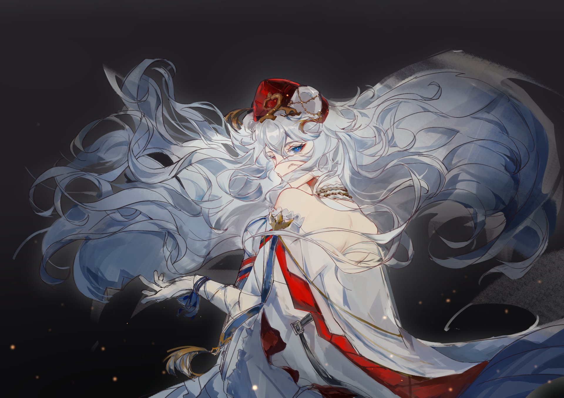 Rosa (Arknights) with flowing silver-white hair and a red‑trimmed ceremonial robe against a dark backdrop — 2K Quad HD PC desktop wallpaper, Arknights video game.