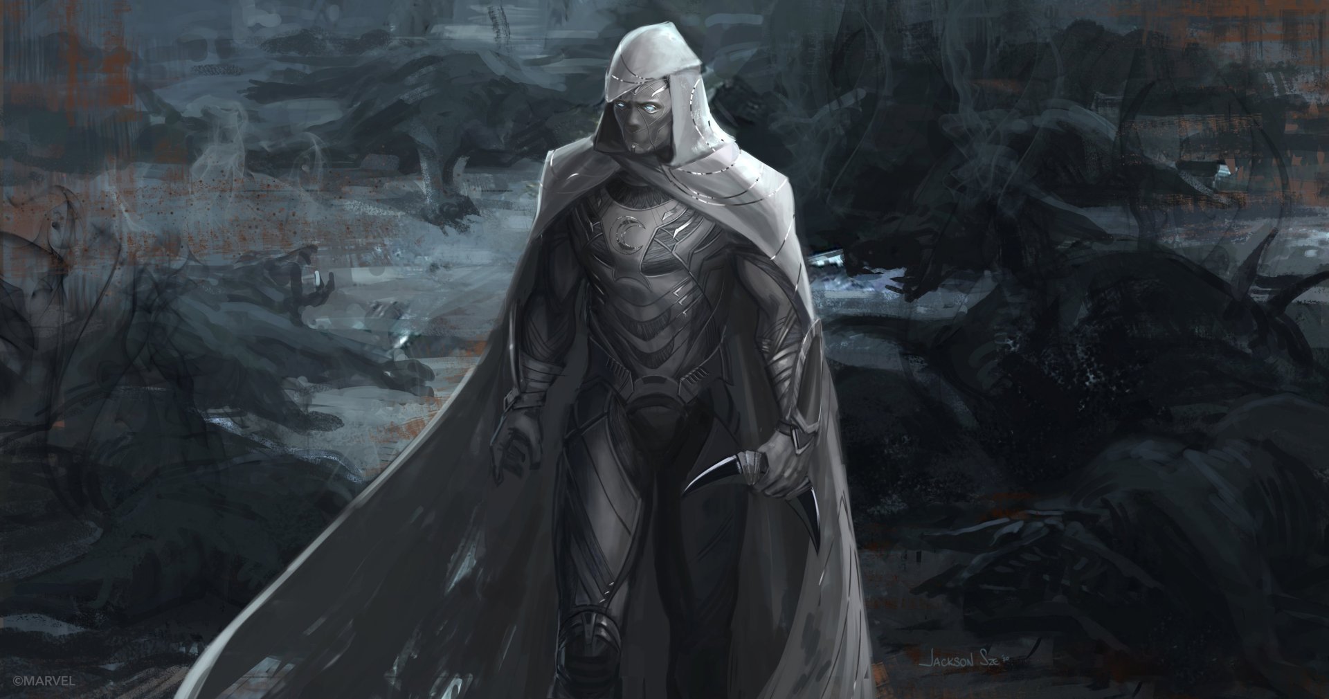 Moon Knight (TV show) stands in a dark, moonlit, stormy landscape in grayscale, hooded cloak and armored suit—2K Quad HD PC desktop wallpaper and background.