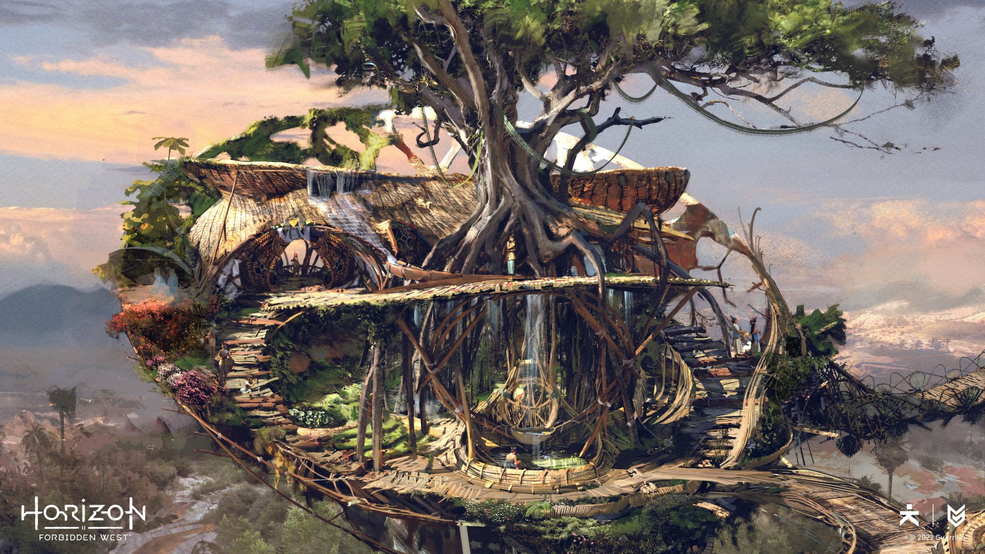 Floating island treehouse with giant root-bound tree, thatched huts and hanging walkways in a cloudy sky — Horizon Forbidden West video game 4K Ultra HD PC desktop wallpaper and background.