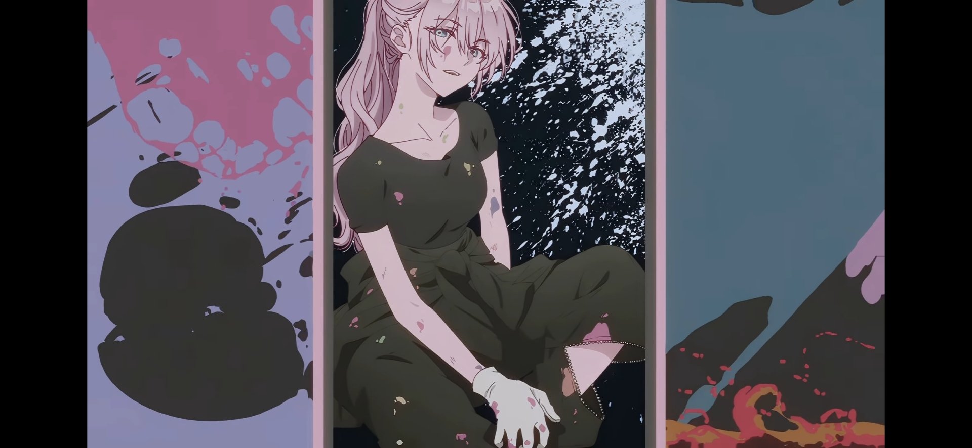 HD PC desktop wallpaper featuring Micchon Shikimori from the anime Shikimori's Not Just a Cutie, depicted with a dark dress and a dynamic, artistic background.