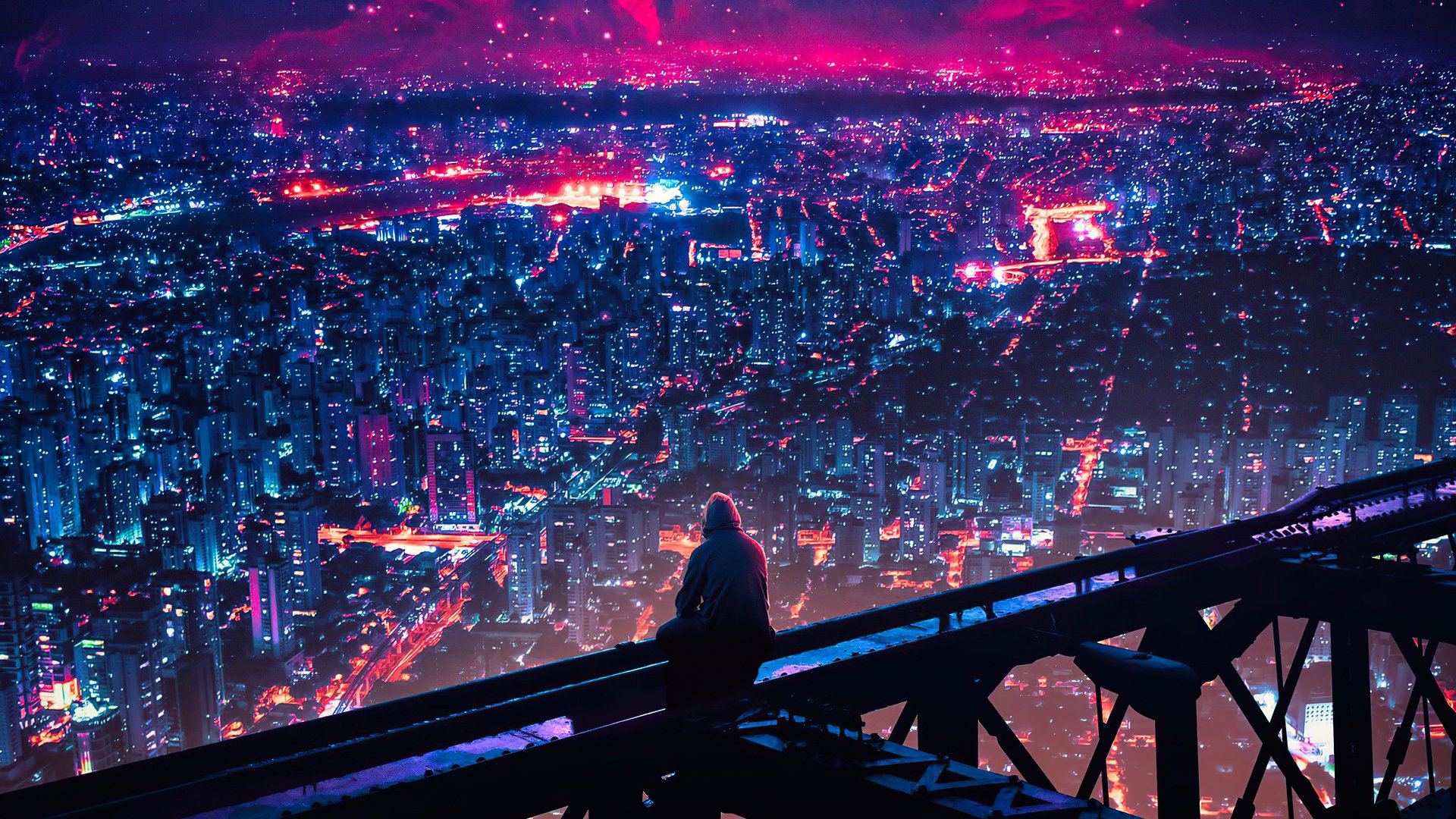 HD PC desktop wallpaper: solitary man perched on a rooftop beam, overlooking a neon-drenched cityscape of glowing high-rises beneath a magenta night sky.