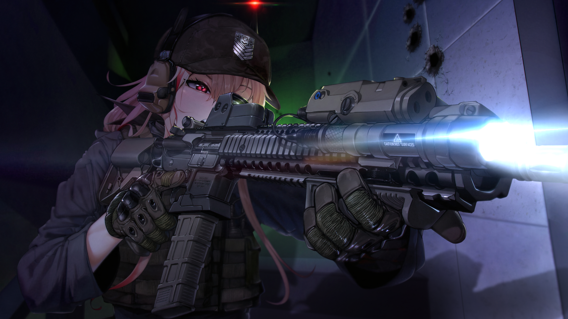 HD PC desktop wallpaper featuring M4 Sopmod II from the video game Girls Frontline aiming with a futuristic rifle in a dark, intense setting.