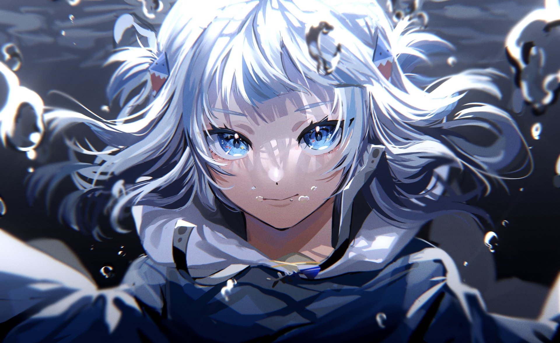4K Ultra HD PC wallpaper featuring Gawr Gura, the iconic hololive Virtual YouTuber, depicted in vibrant anime style with striking blue eyes and flowing silver hair.