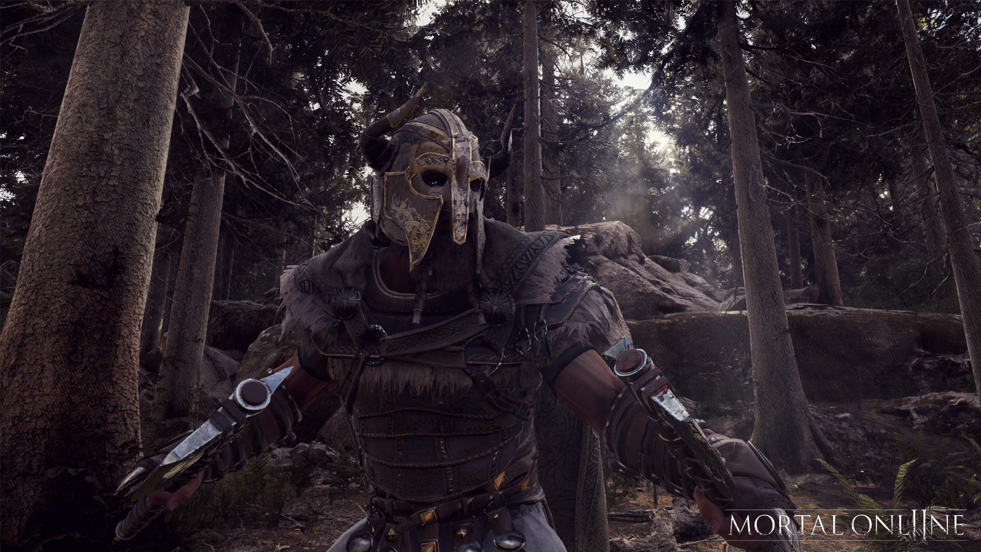 A fierce warrior wearing a detailed mask stands ready for battle in a forest setting, capturing the essence of Mortal Online 2 in this HD desktop wallpaper.