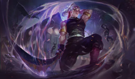 HD PC wallpaper: Tengen Uzui from Demon Slayer: Kimetsu no Yaiba — the Sound Hashira in ornate armor, kneeling amid swirling purple energy and shadowy blades.