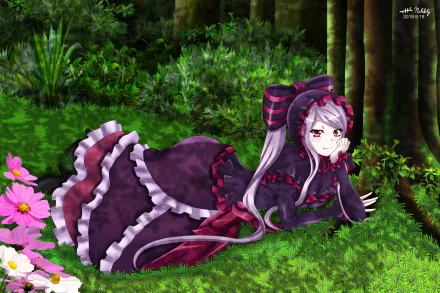 HD PC desktop wallpaper featuring Shalltear Bloodfallen from the anime Overlord, depicted lying on grass in a dark gothic dress amidst a vibrant forest background.
