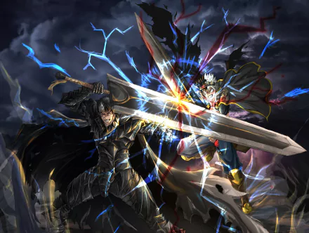 Asta (Black Clover) vs Guts (Berserk) clash giant swords amid lightning and stormy clouds — anime crossover, 4K Ultra HD PC desktop wallpaper background.