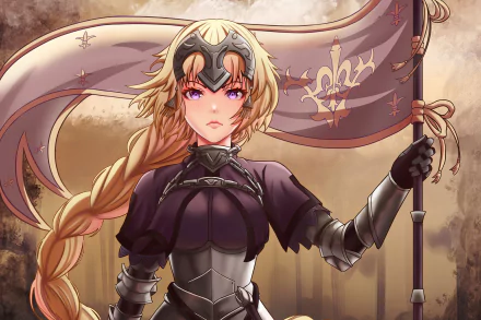 Jeanne d'Arc (Ruler, Fate/Apocrypha) in ornate anime armor, gripping a banner against a dramatic sky — 4K Ultra HD PC desktop wallpaper, Fate/Grand Order.