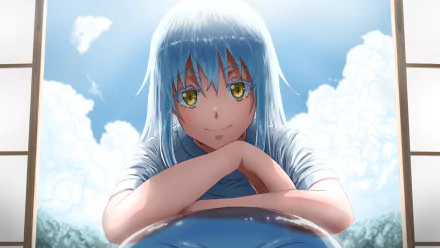 HD anime wallpaper featuring Rimuru Tempest from That Time I Got Reincarnated as a Slime, set against a bright blue sky with fluffy white clouds.