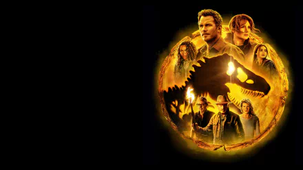 4K Ultra HD desktop wallpaper featuring characters and a T-Rex silhouette from the movie Jurassic World: Dominion with a glowing orange circular design on a black background.