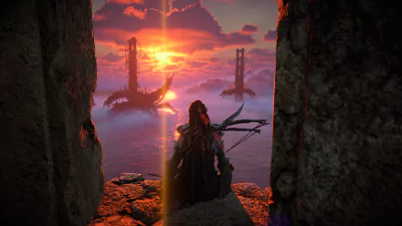 Aloy (Horizon Forbidden West) stands on a cliff above the ocean, gazing at a fiery sunset beyond the Golden Gate Bridge — 4K Ultra HD PC wallpaper.