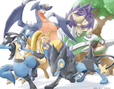 HD PC desktop wallpaper featuring popular Pokémon characters from the video game series in a dynamic group pose with vibrant colors and detailed artwork.