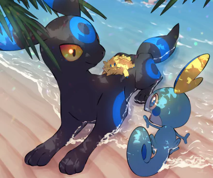 HD desktop wallpaper featuring Joltik, Sobble, and Umbreon from Pokémon: Sword and Shield in a vibrant beach scene.
