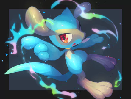 Riolu (Pokémon) in a dynamic, glowing blue pose with colorful energy ribbons — video game artwork, 2K Quad HD PC desktop wallpaper/background.