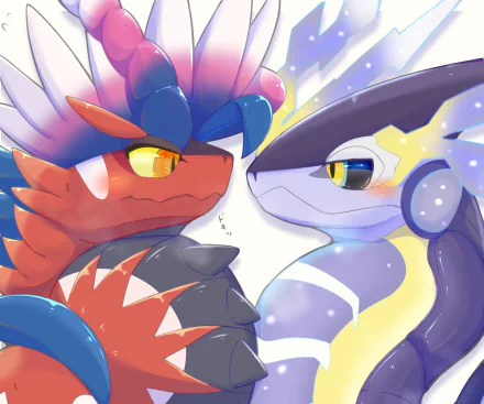 HD PC desktop wallpaper: close-up of Koraidon (red) and Miraidon (blue-purple) facing off, vibrant art from Pokémon: Scarlet and Violet video game.