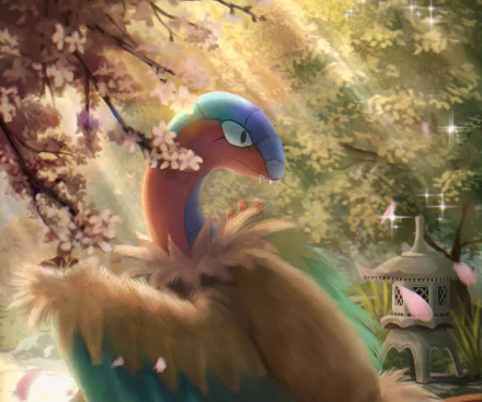 Archeops (Pokémon) anime-style HD desktop wallpaper: Archeops perched among cherry blossoms in a sunlit forest, vibrant feathers, soft sparkles and a small stone lantern nearby.