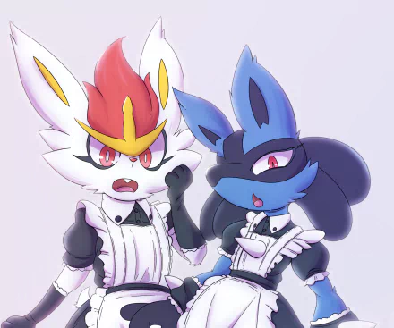 HD PC desktop wallpaper featuring Cinderace and Lucario from Pokémon: Sword and Shield, dressed in maid outfits, styled in vibrant video game art.