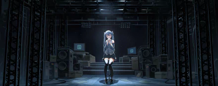 Hatsune Miku (Anime/Vocaloid) in a spotlight on a dark industrial stage surrounded by speakers — 4K Ultra HD PC desktop wallpaper/background.