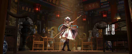 4K Ultra HD PC desktop wallpaper featuring Yun Jin from Genshin Impact in a detailed, dimly lit traditional interior setting with ornate decorations.