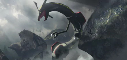 HD PC desktop wallpaper featuring the Pokémon Rayquaza soaring through a stormy, rocky landscape from the Pokémon video game series.
