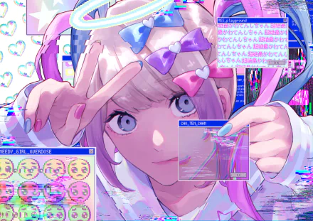 Vibrant 4K PC wallpaper of OMGkawaiiAngel-chan from NEEDY GIRL OVERDOSE: close-up pastel cyberpunk girl with halo, heart bows, glitch UI elements and expressive blue eyes.