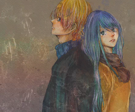 HD anime wallpaper featuring Aquamarine Hoshino from Oshi no Ko with muted colors and a textured background, designed as a PC desktop background.