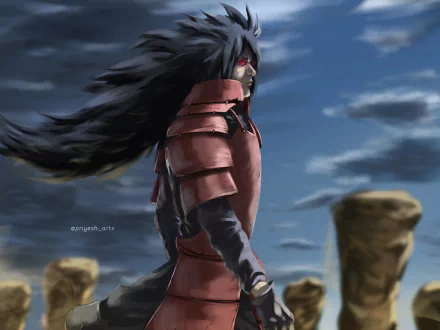 Madara Uchiha from Naruto in red armor, wind-blown hair and a stormy sky — HD anime PC desktop wallpaper/background.