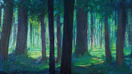 Fantasy forest scene with towering trees and dappled sunlight, painted in vivid colors — 4K Ultra HD PC desktop wallpaper and background.