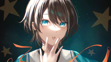 4K Ultra HD PC desktop wallpaper: hololive virtual YouTuber Oozora Subaru in anime style, close-up with teal eyes, short dark hair and ribboned starry background.