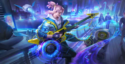 8K Ultra HD PC desktop wallpaper from the video game Honor of Kings: neon-lit hero musician playing a glowing electric lute amid holographic speakers and a futuristic cityscape.