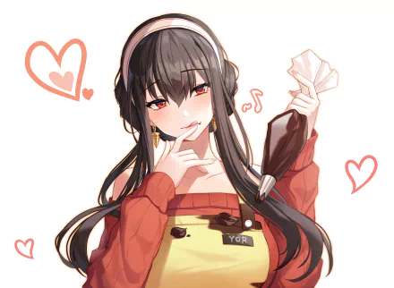 Yor Forger (Spy x Family) 5K Ultra HD PC desktop wallpaper and background — blushing, long dark hair with headphones, red off-shoulder sweater, yellow apron labeled YOR, finger to lips, heart doodles.
