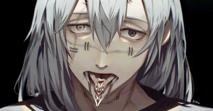 Mahito (Jujutsu Kaisen) anime 2K Quad HD PC desktop wallpaper — close-up of pale-haired, marked-faced Mahito with weary eyes and a grotesquely distorted tongue in his open mouth.