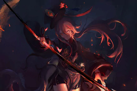 HD PC desktop wallpaper of Hu Tao from the video game Genshin Impact, featuring her in dynamic dark tones with fiery orange accents.