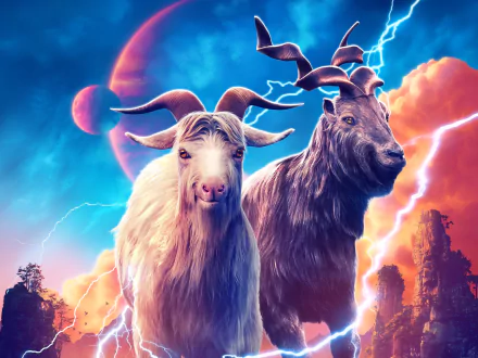 HD desktop wallpaper and background featuring two goats with lightning and celestial elements from the movie Thor: Love and Thunder.