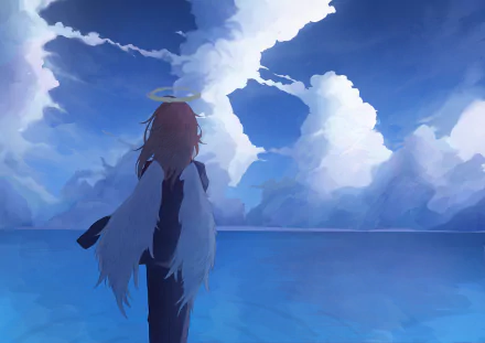 Angel Devil (Chainsaw Man) stands at a tranquil ocean shore, halo and feathered wings framed by sweeping blue clouds — 4K Ultra HD anime PC desktop wallpaper/background.