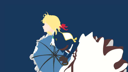Minimalist 4K Ultra HD anime wallpaper featuring Violet Evergarden holding an umbrella against a solid navy background.