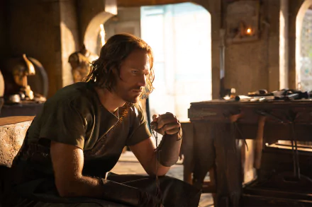 HD PC desktop wallpaper from the TV series The Lord of the Rings: The Rings of Power — a brooding warrior sits in a sunlit forge, bathed in warm golden light.