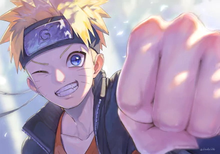 Naruto Uzumaki from Naruto — anime close-up winking and thrusting a fist toward the viewer, bright energetic 4K Ultra HD PC desktop wallpaper background.