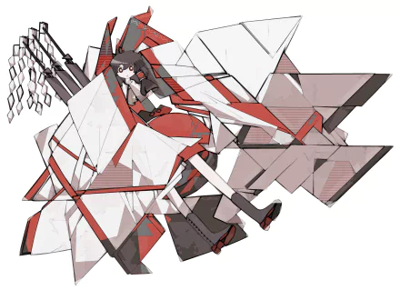 Reimu Hakurei (Touhou) anime shrine maiden in red-and-white outfit, wielding a gohei amid angular geometric shards — 4K Ultra HD PC desktop wallpaper/background.