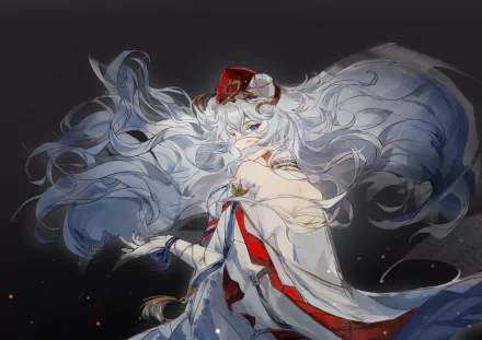 Rosa (Arknights) with flowing silver-white hair and a red‑trimmed ceremonial robe against a dark backdrop — 2K Quad HD PC desktop wallpaper, Arknights video game.