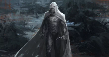 Moon Knight (TV show) stands in a dark, moonlit, stormy landscape in grayscale, hooded cloak and armored suit—2K Quad HD PC desktop wallpaper and background.