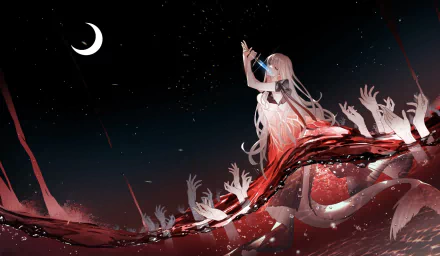 Fantasy mermaid HD PC desktop wallpaper and background: pink-haired mermaid rising from red, flowing tail among reaching hands beneath a crescent moon in a star-speckled night.