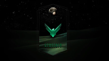 HD PC desktop wallpaper: Atreides emblem from the Dune (2021) movie over green desert dunes, a distant planet and stars in a minimalist sci‑fi background.